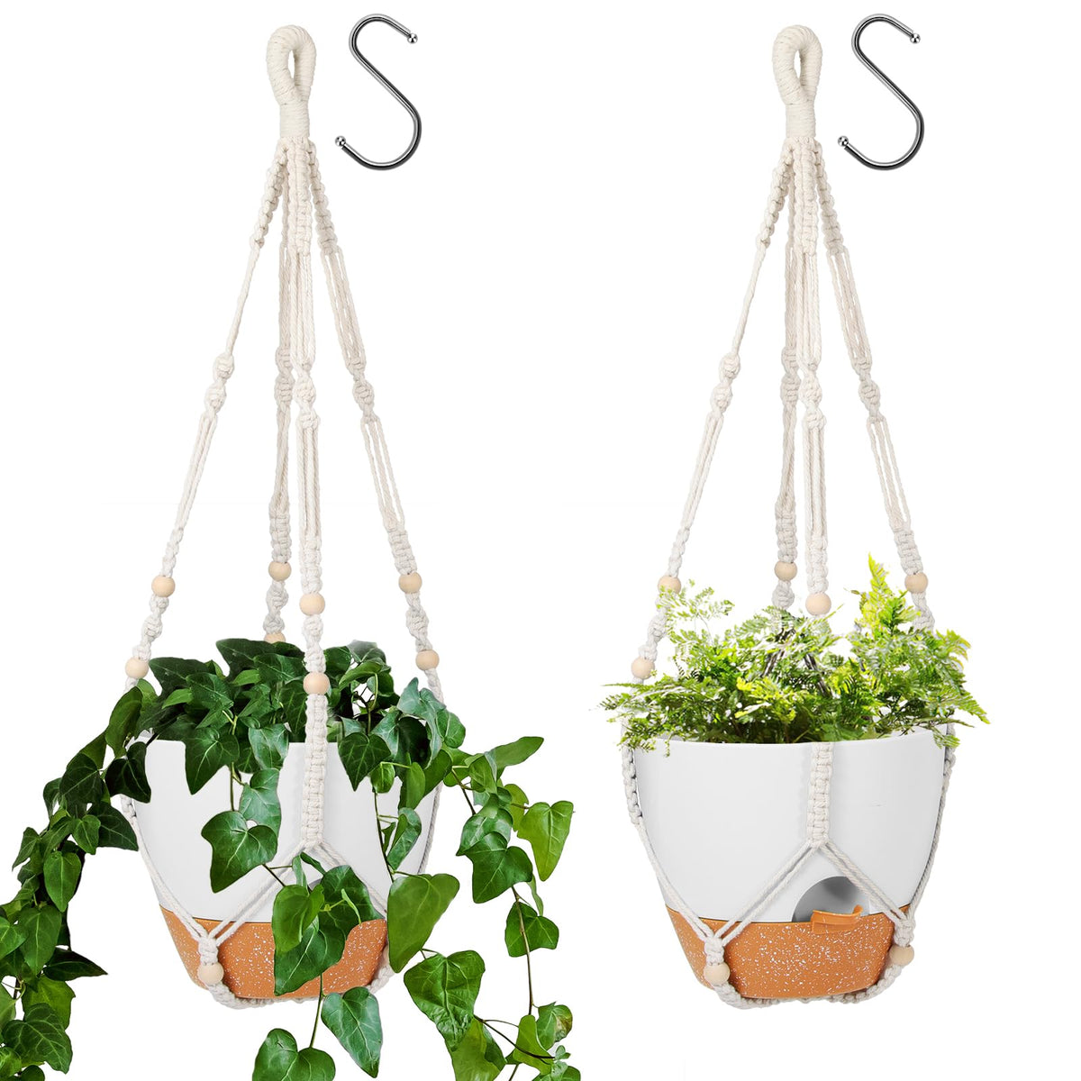 GARDIFE 10 Inch Hanging Planters with Macrame Plant Hanger for Indoor and Outdoor Plants, 2 Pack Large Self Watering Hanging Plant Pot with Basket Flower Pot with Drainage Hole, White