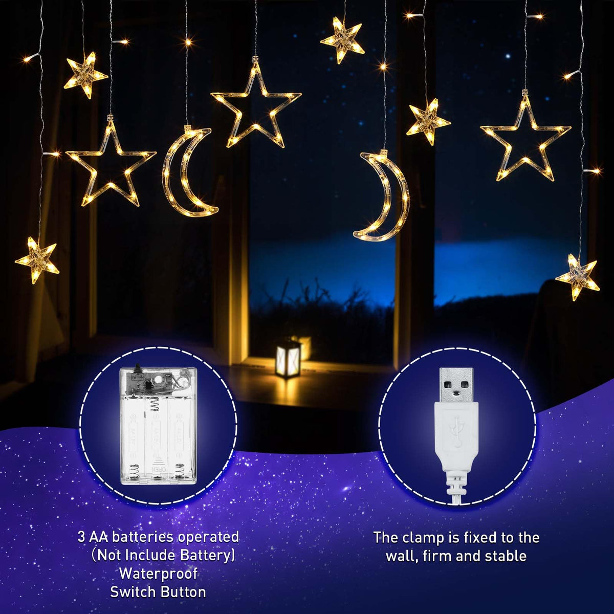 Riakrum 11.48 ft LED Star and Moon String Lights, Warm White, USB Powered, Waterproof, Model Riakrum-String Lights-073
