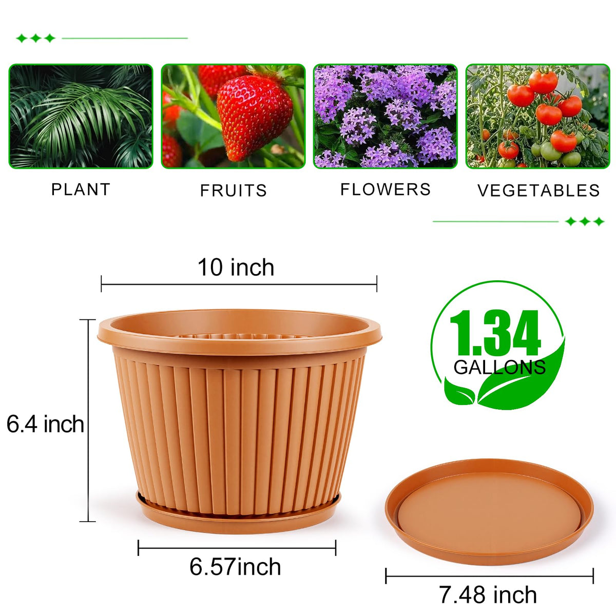 Myfeegoin Planter-Pots-for-Plants-Indoor-Outdoor, 4 Pack 10 Inch Plastic Flower Pots with Saucer & Drainage Holes, Modern Garden Planters for Planting Medium Large Plants，Decorative Resin Garden Pots