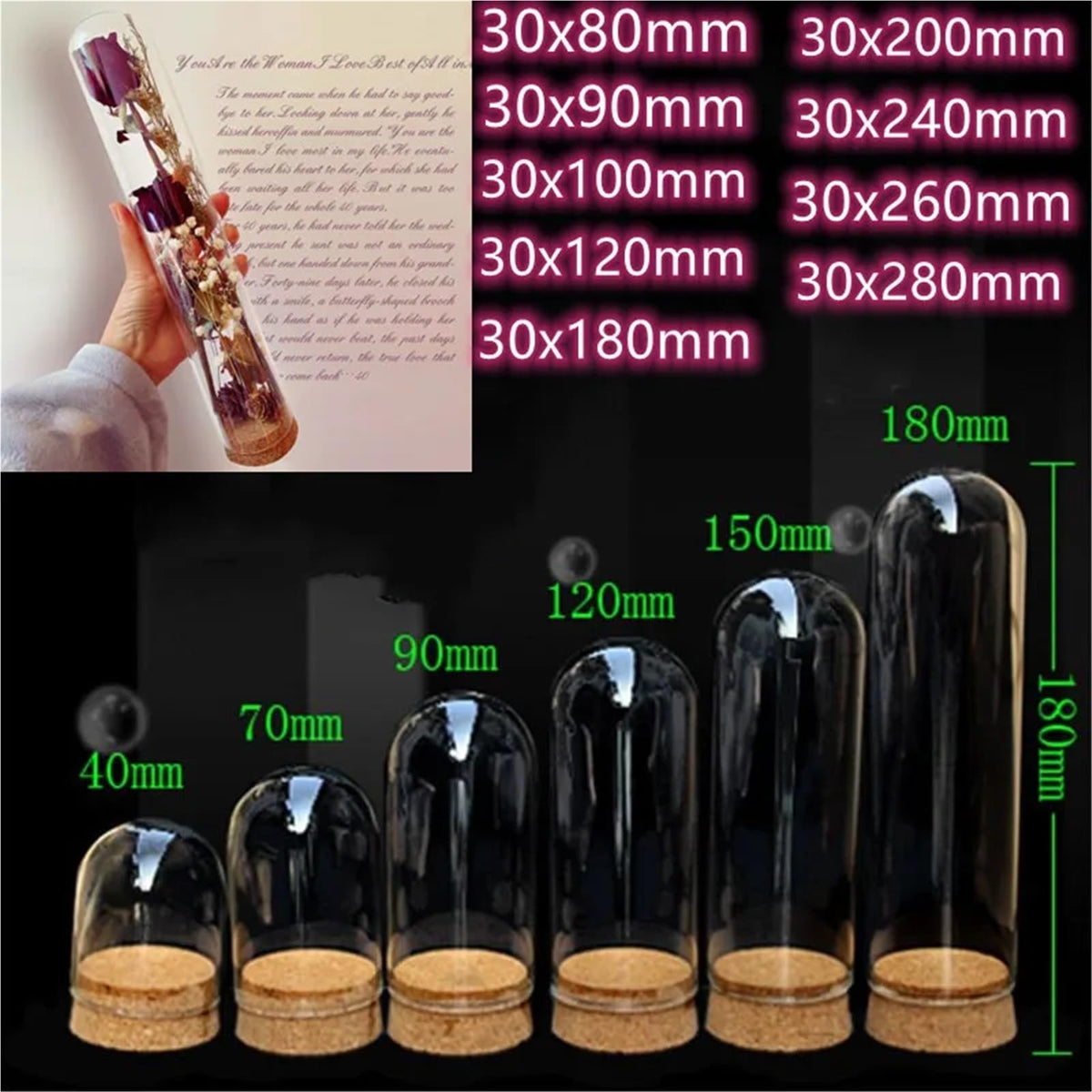 10X Da30mm Glass Bottle Terrarium Jar Cork Base Dome Dust Cover DIY Specimen Succulent Plant Micro Landscape Flower Vase Display(30x100cm)