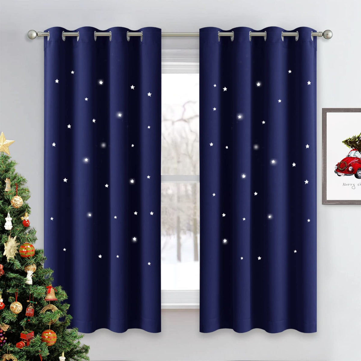 NICETOWN Kids Blackout Curtains for Bedroom - Hollow Star Space Inspired Night Sky Twinkle Blue Children Star Curtain, Window Drape (1 Panel, 52 x 63 inches Panel, Navy Blue)