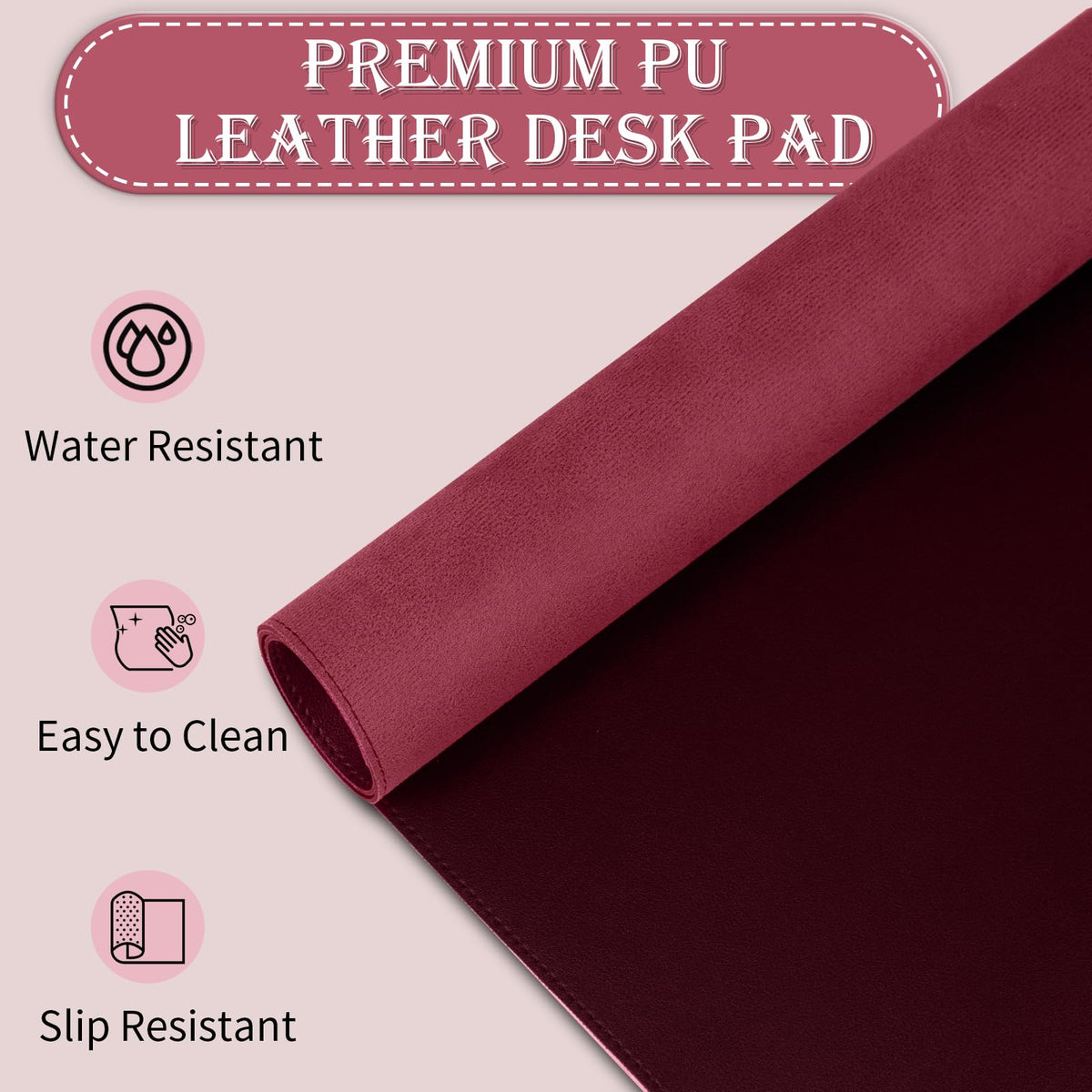 Large Desk Pad, 47.2" x 17" PU Leather Desk Mat for Desktop, Non-Slip Office Desk Mat for Desk, Desk Blotter Pad, Waterproof Computer Pad for Desk, Keyboard Mats for Home & Office (Burgundy)