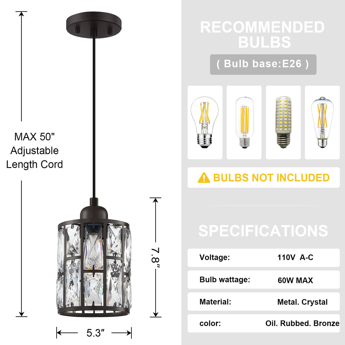 Dolaimy House 2 Pack Crystal Hanging Pendant Light Fixture, 5.3in Oil Rubbed Bronze, Model X3773BD1NI