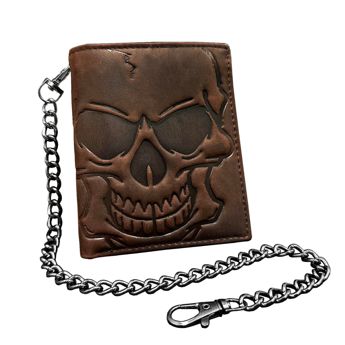 crazy hunter Skull Wallet for Men Bifold Card Holder Wallet Pocket Purse Cowhide Leather Wallet with Chain