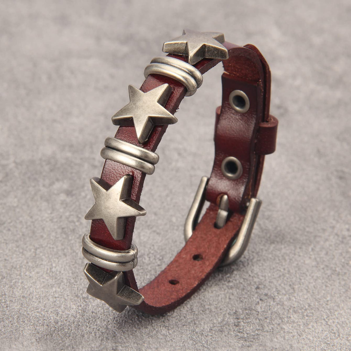 GelConnie Men's Leather Cuff Bracelet Leather Wristband Mens Brown Bracelets Biker Punk Bracelet Star Cuffs With Adjustable Straps