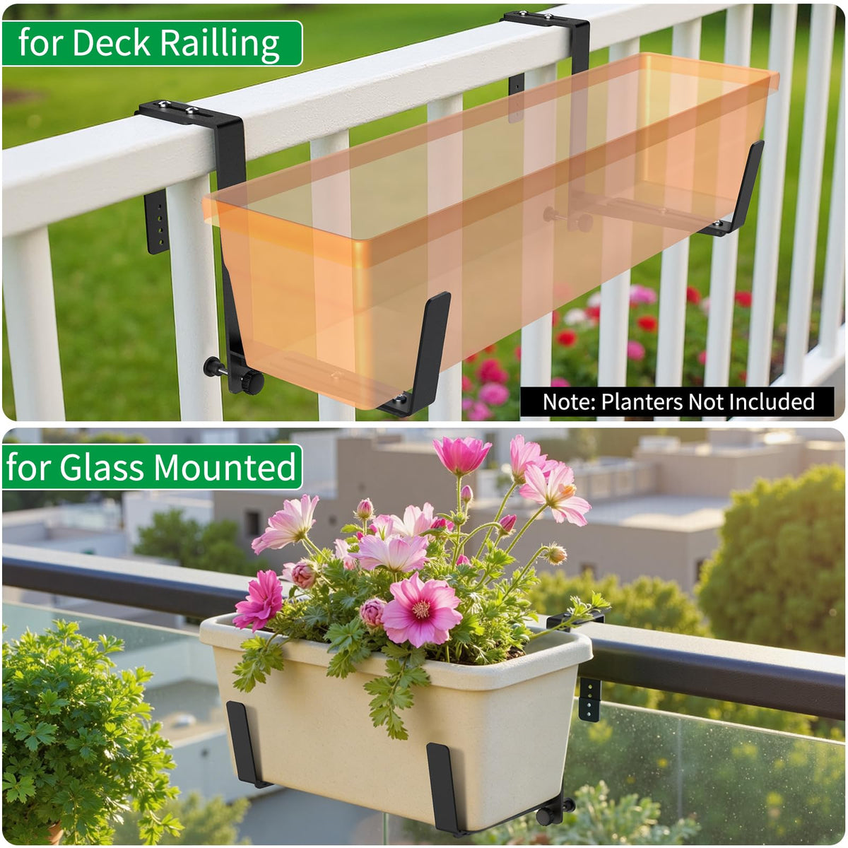 VOXOR Window Box Brackets, Adjustable Planter Box Brackets, Heavy Duty Iron Flower Box Brackets for Railings, with Enhanced Bottom Support - Perfect for Balconies, Fences, and Gardens (Black, 4 Pack)