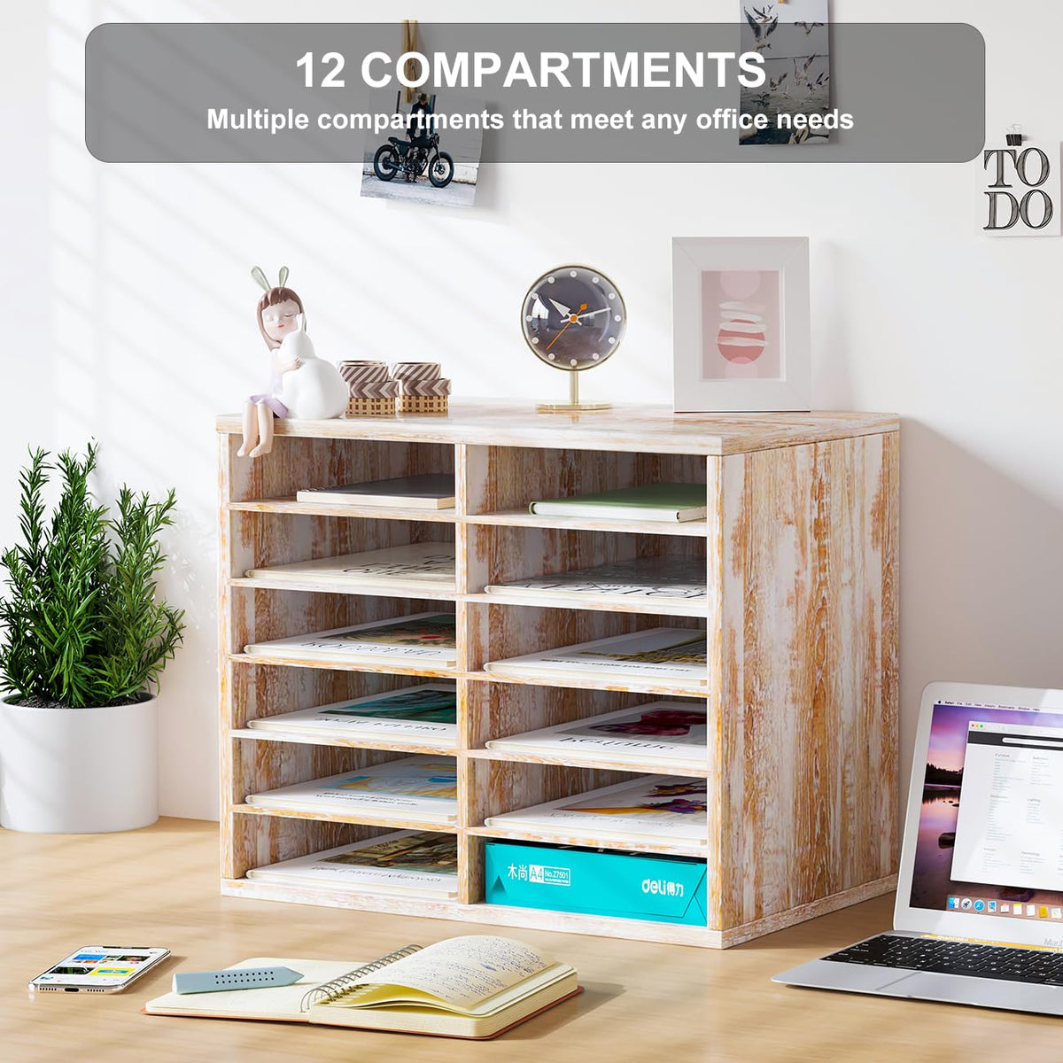 PAG Countertop Mail Sorter Organizer, Wooden Literature Organizer, Student Mailbox for Classroom, Desktop Bill Organizer for Office Home School, 12 Compartments, Retro White