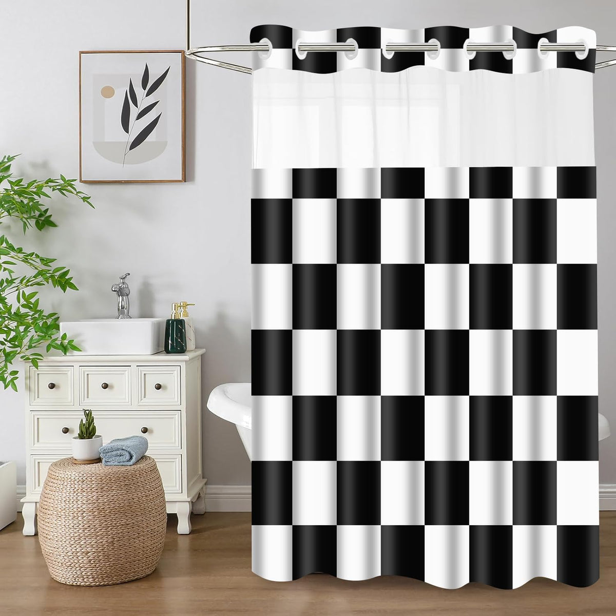 Black and White Checkered No Hook Shower Curtain Modern Aesthetic College Style Buffalo Plaid Checkerboard Block Print Hookless Shower Curtain Set for Hotel Bathroom Shower Room 71x74 Inches