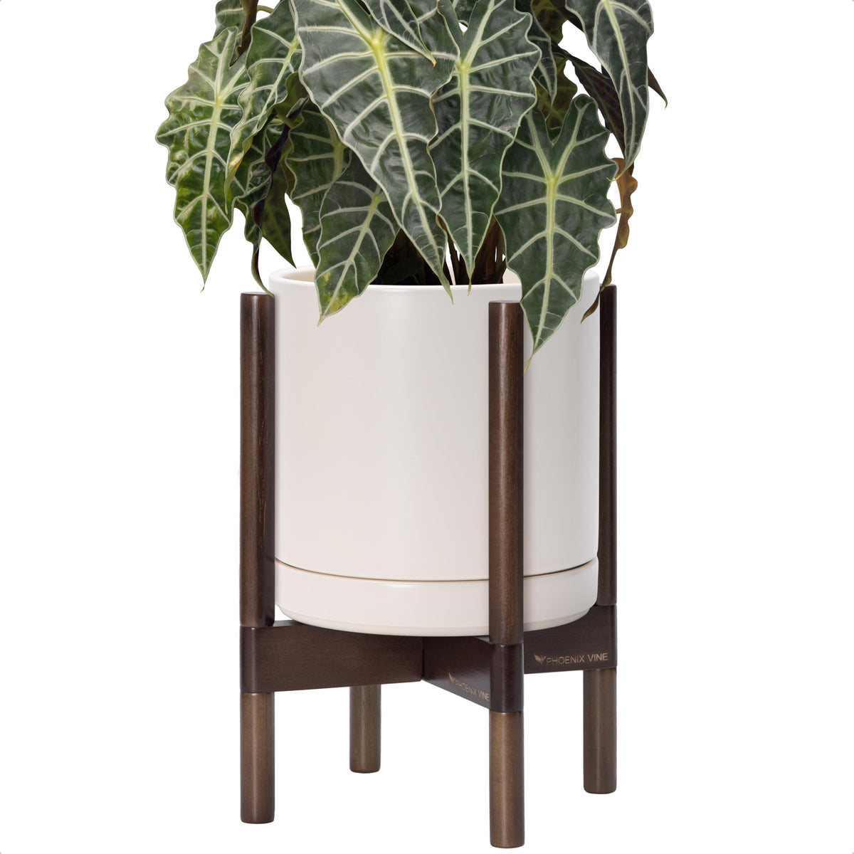 D'vine Dev Ceramic Planter with Walnut Color Stand - 10 Inch Modern Round Flower Pot with Wood Planter Holder, Oatmeal, 55-B-X-8