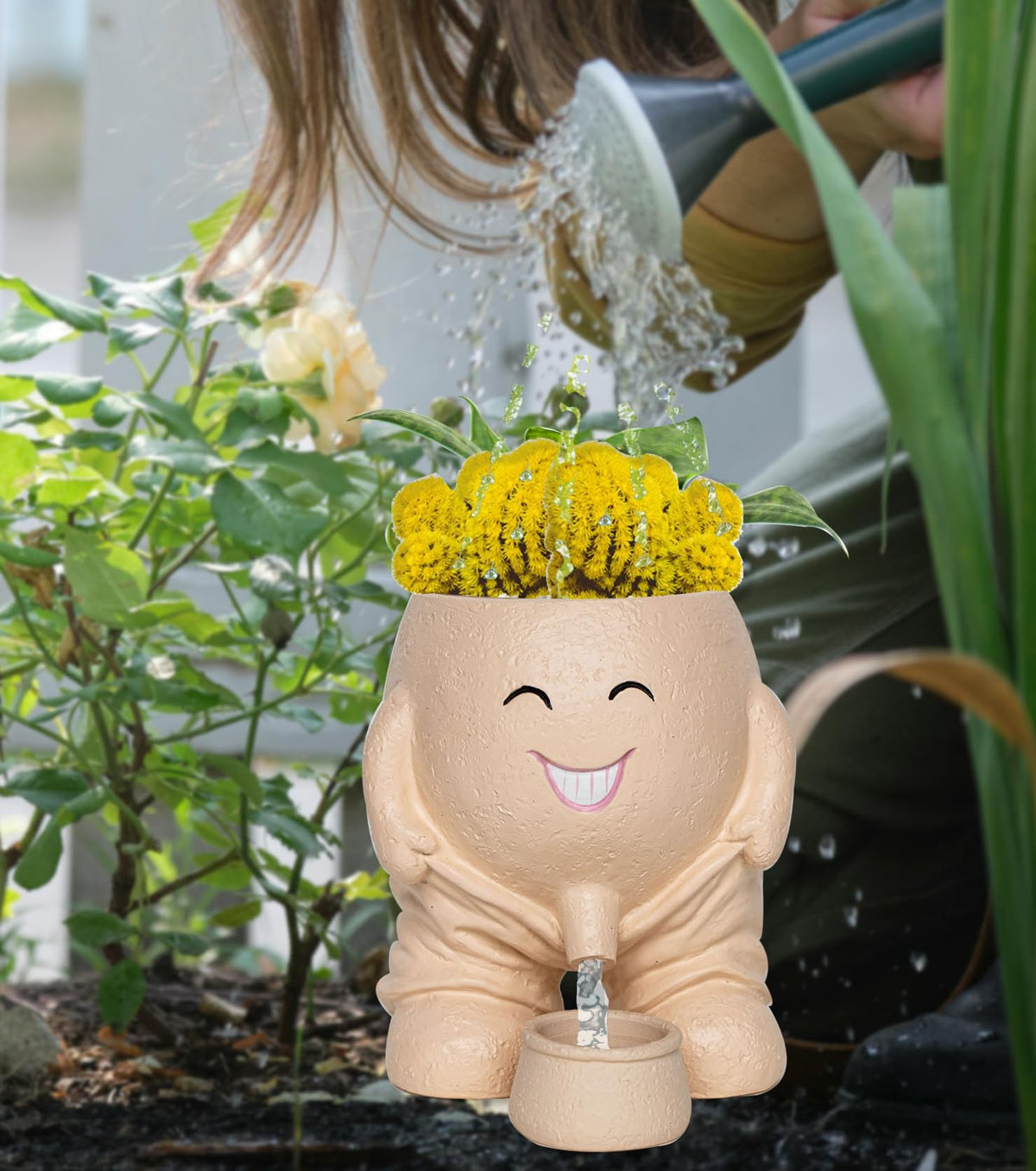 RZOIKZOI Quirky Creative Planter with Smiley Face,Naughty Boy Plant Face Pot with Drainage Hole,for Indoor Outdoor, Christmas, (Naughty Boy,Khaki)