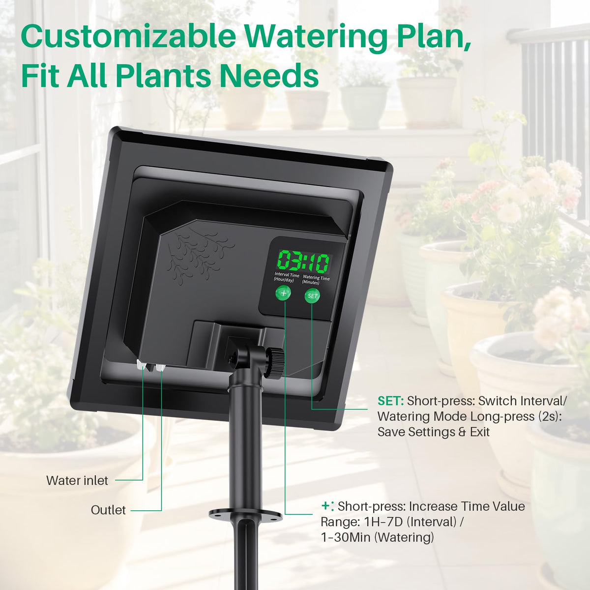 NFESOLAR 3W Solar Automatic Drip Irrigation Kit with LCD Timer, Customizable Watering Duration 1–30min & Interval 3h–7d, Anti-Siphoning Device for Potted Plants, Balcony, Garden, Patio, Vacation