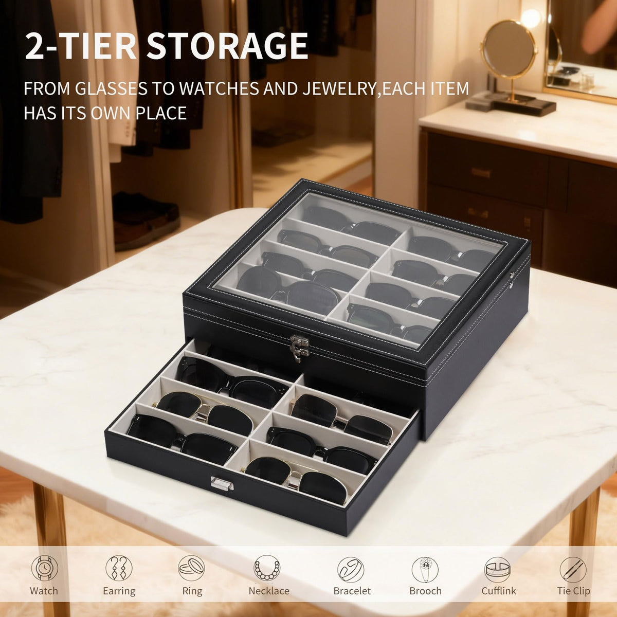 AUTOARK 2-Tier Lockable Glasses & Jewelry Organizer Case with Glass Top,20 Capacity PU Leather Display Box for Sunglasses,Watches,Rings,Ideal Gift for Home Office,Black,MKAW-301