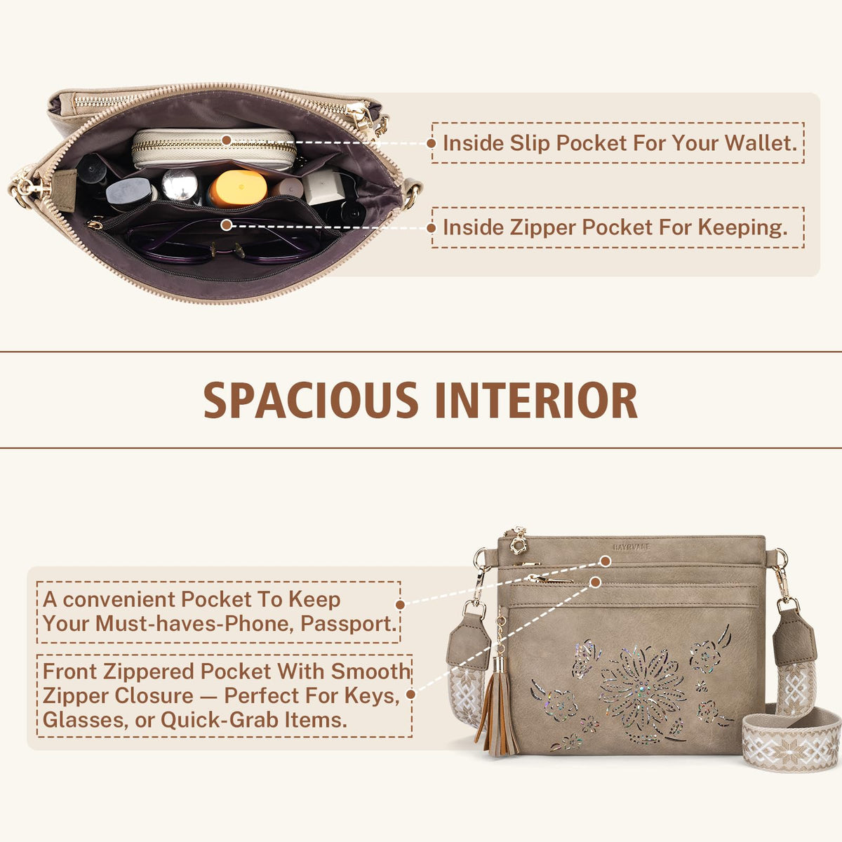 HAYRVANE Crossbody Bags for Women Designer Leather Cross Body Purses Multi Pocket Shoulder Handbags with Wide Strap