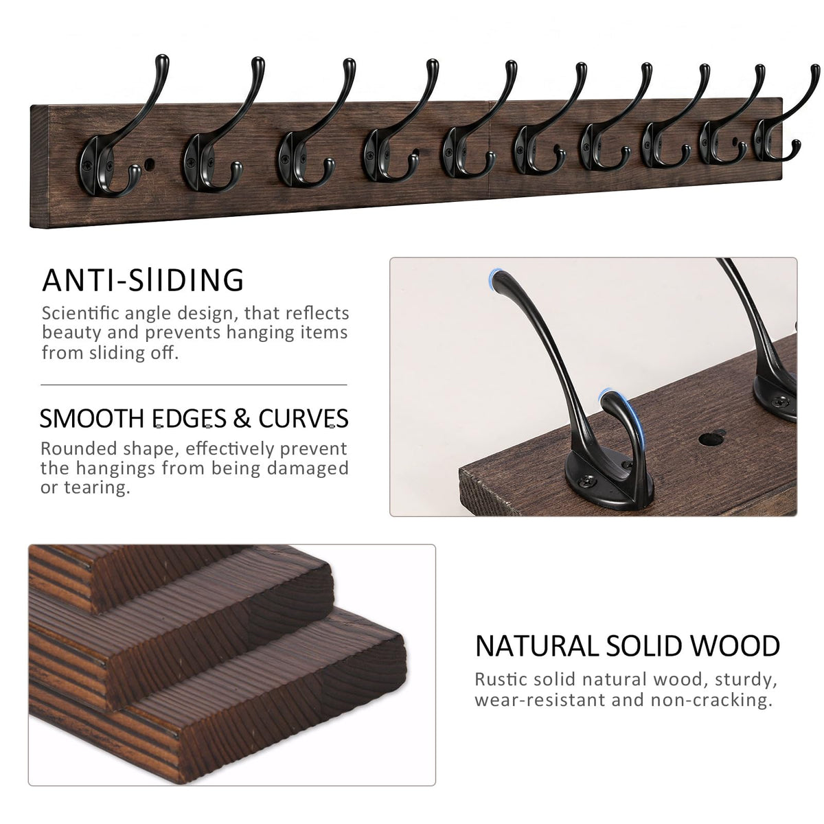 IBosins Wall Mounted Coat Rack,Vintage Wood Coat Rack, 34" Long with 10 Black Double Hooks Rail for Entryways, Bathrooms, Living Rooms to Hang Coat, Scarve, Hat,Key, Bag