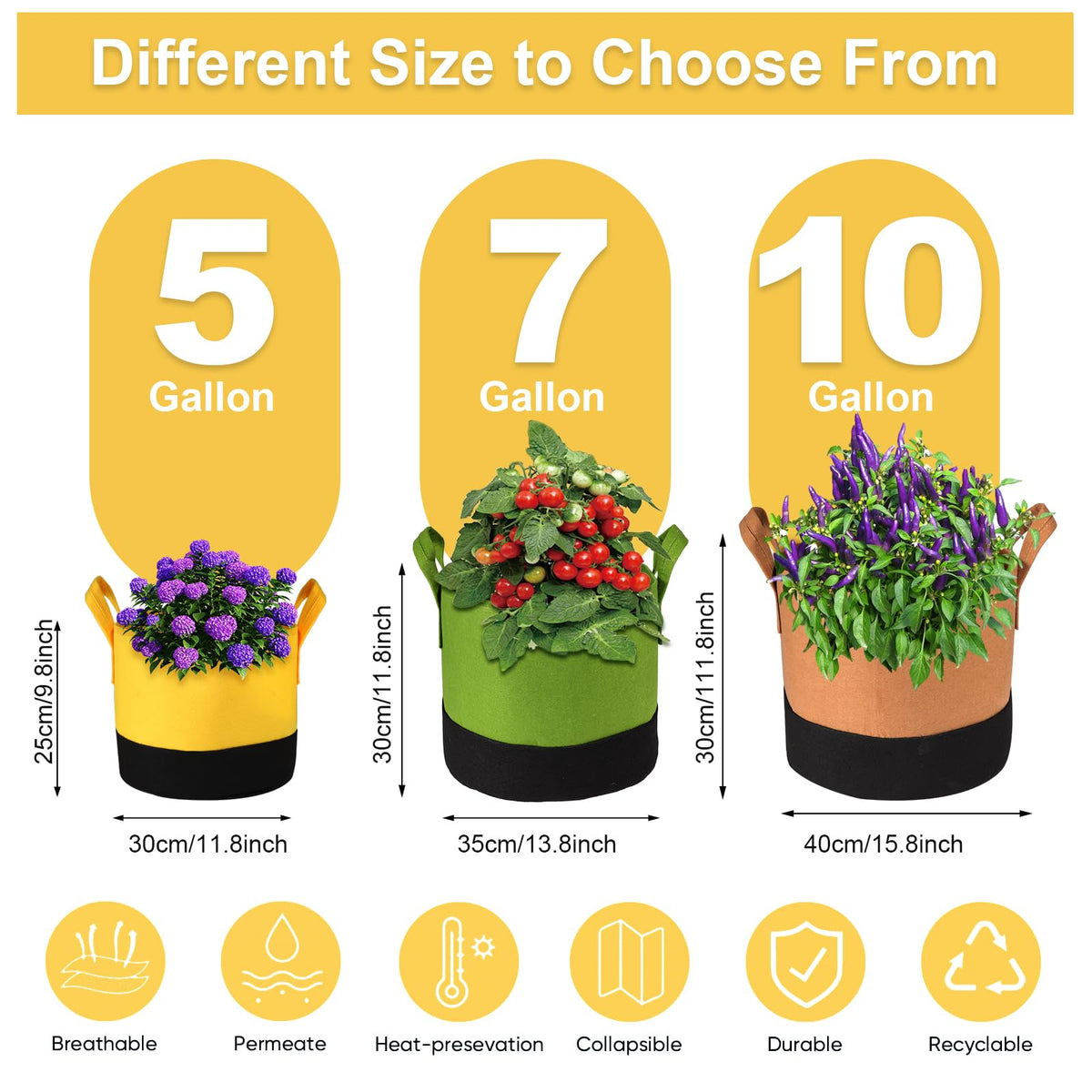 Xmpmrb Grow Bags 5Gal/7Gal/10Gal * 2 ，6 Pack Vegetable/Flower/Plant Grow Bags ，Plant Fabric Pots with Handles for Garden and Outdoor Planting (6 Colour, 5 Gallon)