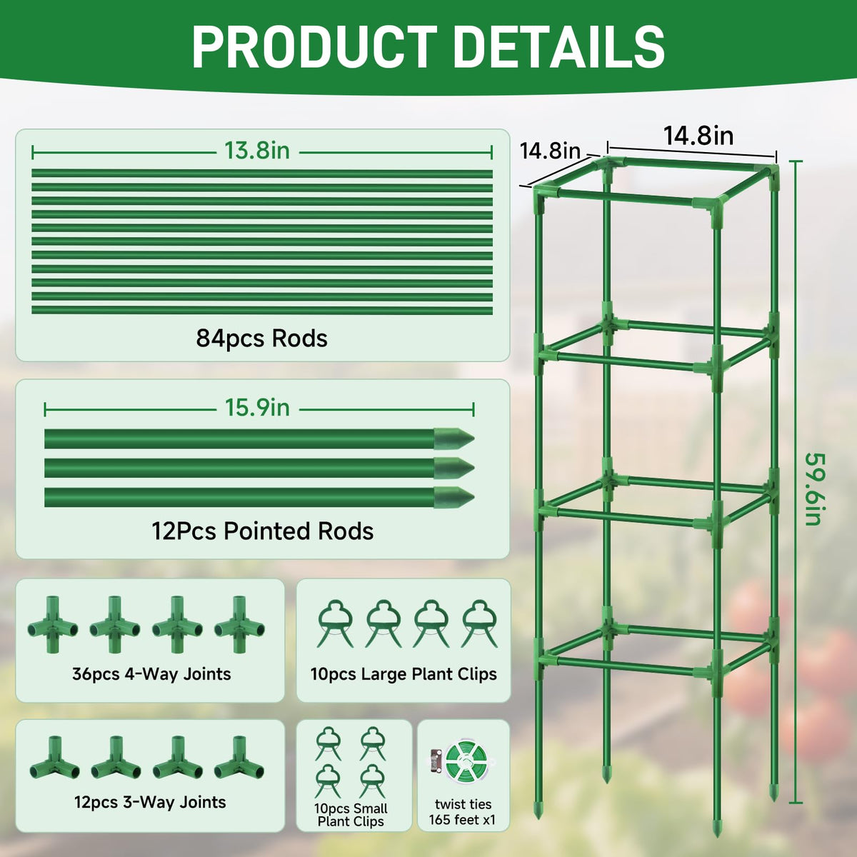Square Tomato Cages Heavy Duty 3 Pack, Up to 59.6 Inches Tall Adjustable Tomato Trellis Cage for Garden, Plant Support for Vegetables Climbing Plants, Pots Raised Garden Bed Outdoor