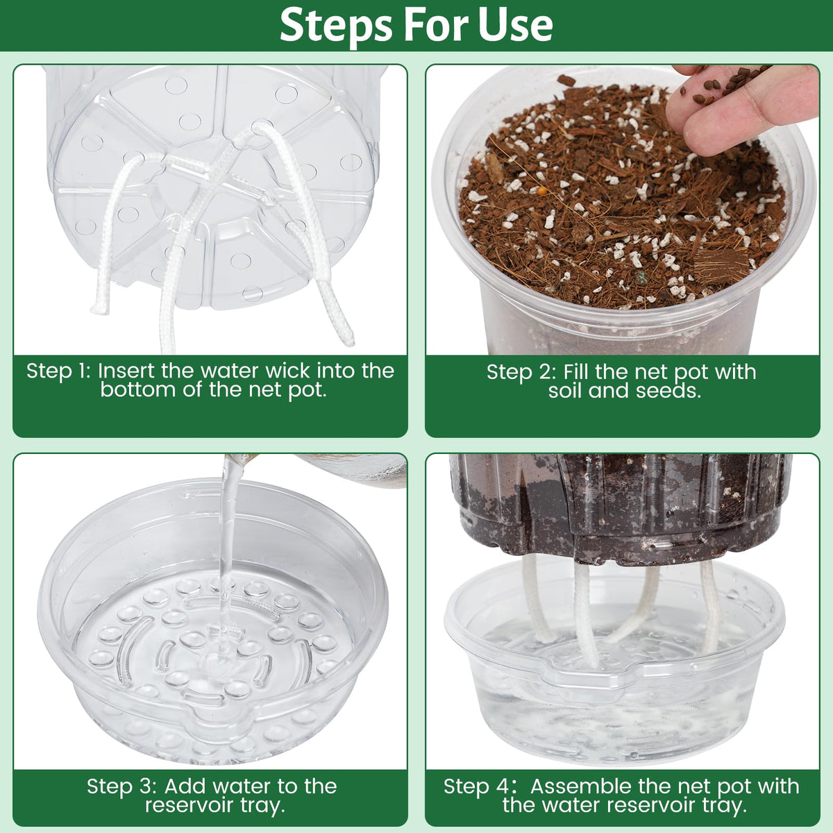 Bluepro 12 Pack 6.5 Inch Clear Self Watering Plant Pots with Bottom Water Tray & Watering Rope, Transparent Nursery Pots with Drainage for Seedlings, Herbs, and Houseplants