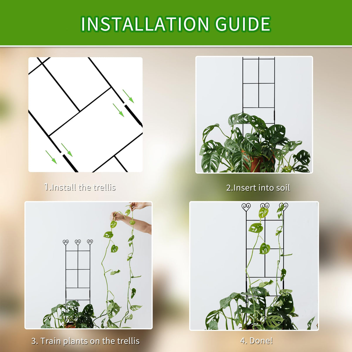 2 Pack 30'' Plant Trellis for Climbing Plants Indoors, Metal Garden Trellis for Potted Houseplant, Rustproof Plant Support for Ivy, Vines, Pothos, Hoya and Flower, Black