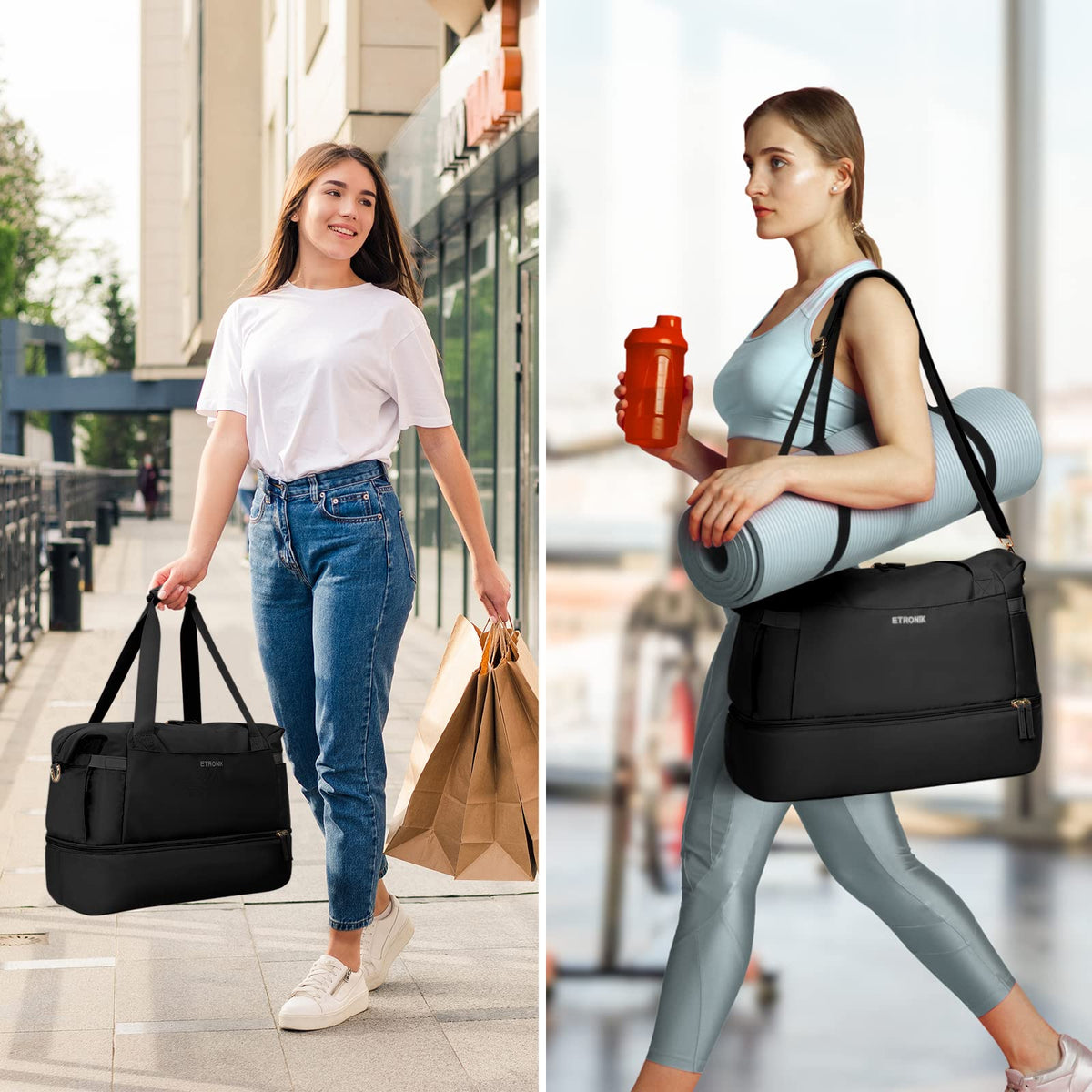 ETRONIK Gym Bag for Women, Personal Item Travel Bag with Shoes Compartment, Weekender Overnight Duffel Bag with Wet Pocket, Carry On Bag for Women, Travel, Gym, Weekend
