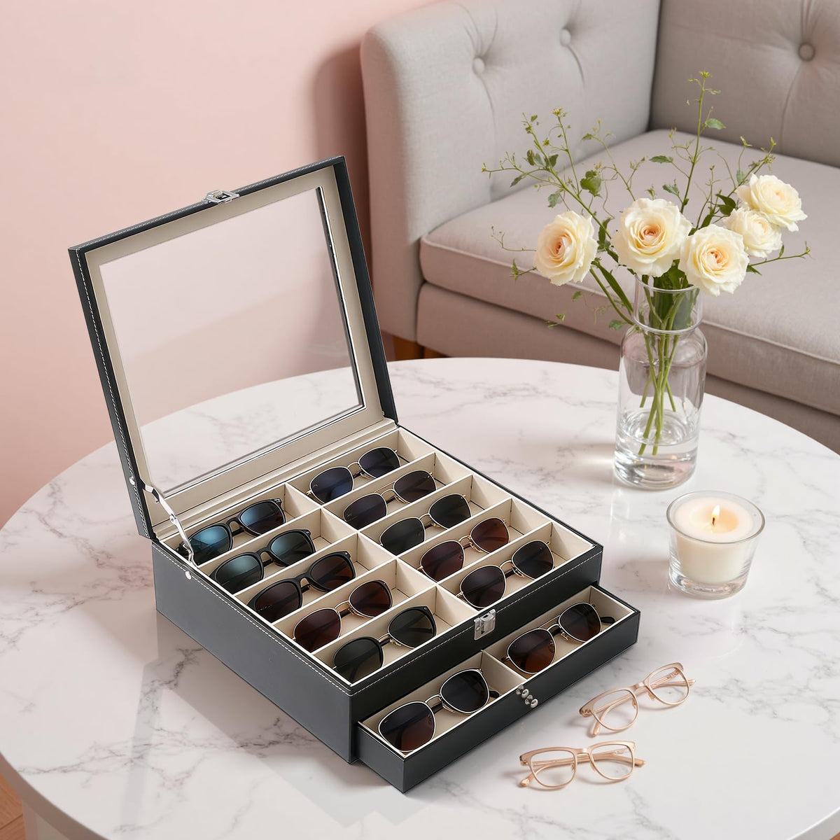 Luckybell 20 Slots PU Leather Sunglasses Organizer Jewelry Box,Multiple Pairs of Large Sunglasses Case Holder with Clear Lid