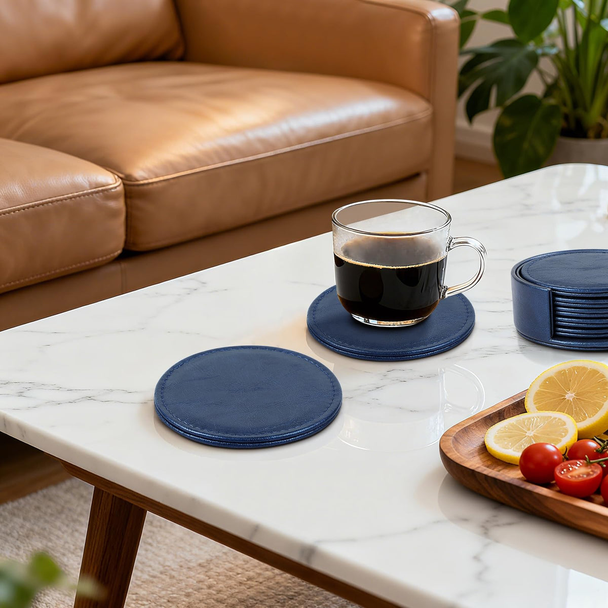Leather Coasters Set of 6 with Holder, Tabletop Protection, Coffee Table & Bar Decoration, Modern-Style Drink Coasters Suitable for Home Dining Tables & Kitchen Accessories (Blue)