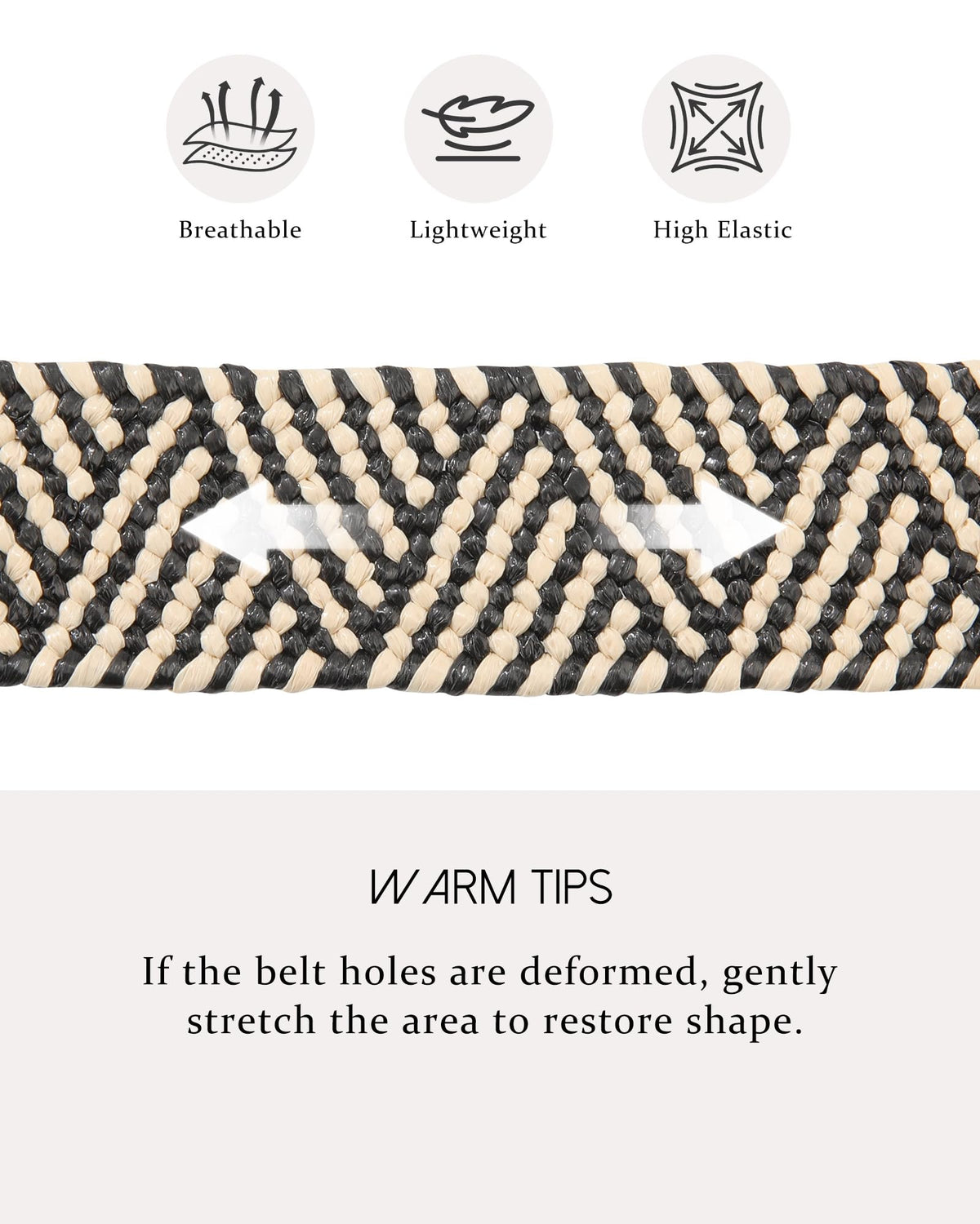 AWAYTR Womens Boho Woven Belt - Easy Care Plastic Elastic Belt with Handmade Raffia Buckle for Daily Vacation Work,Black with Beige Stripes,Fit Waist 31''-36''