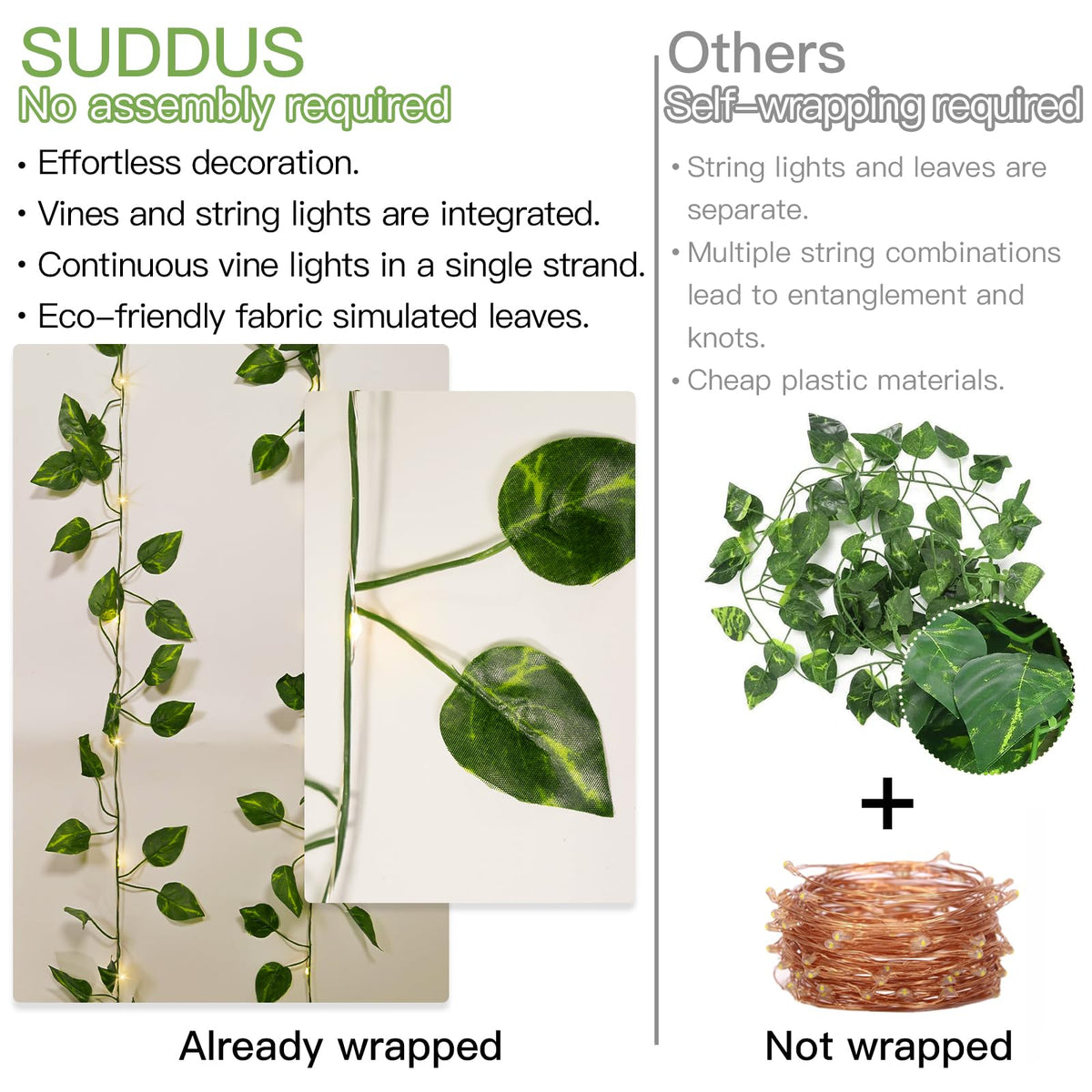 suddus Solar Fairy Lights, 33ft 100 Led Pothos Leaf Solar String Lights Outdoor Waterproof, 8 Modes Vines with Lights for Balcony, Deck, Patio, Garden, Fence,Wedding (Warm White)