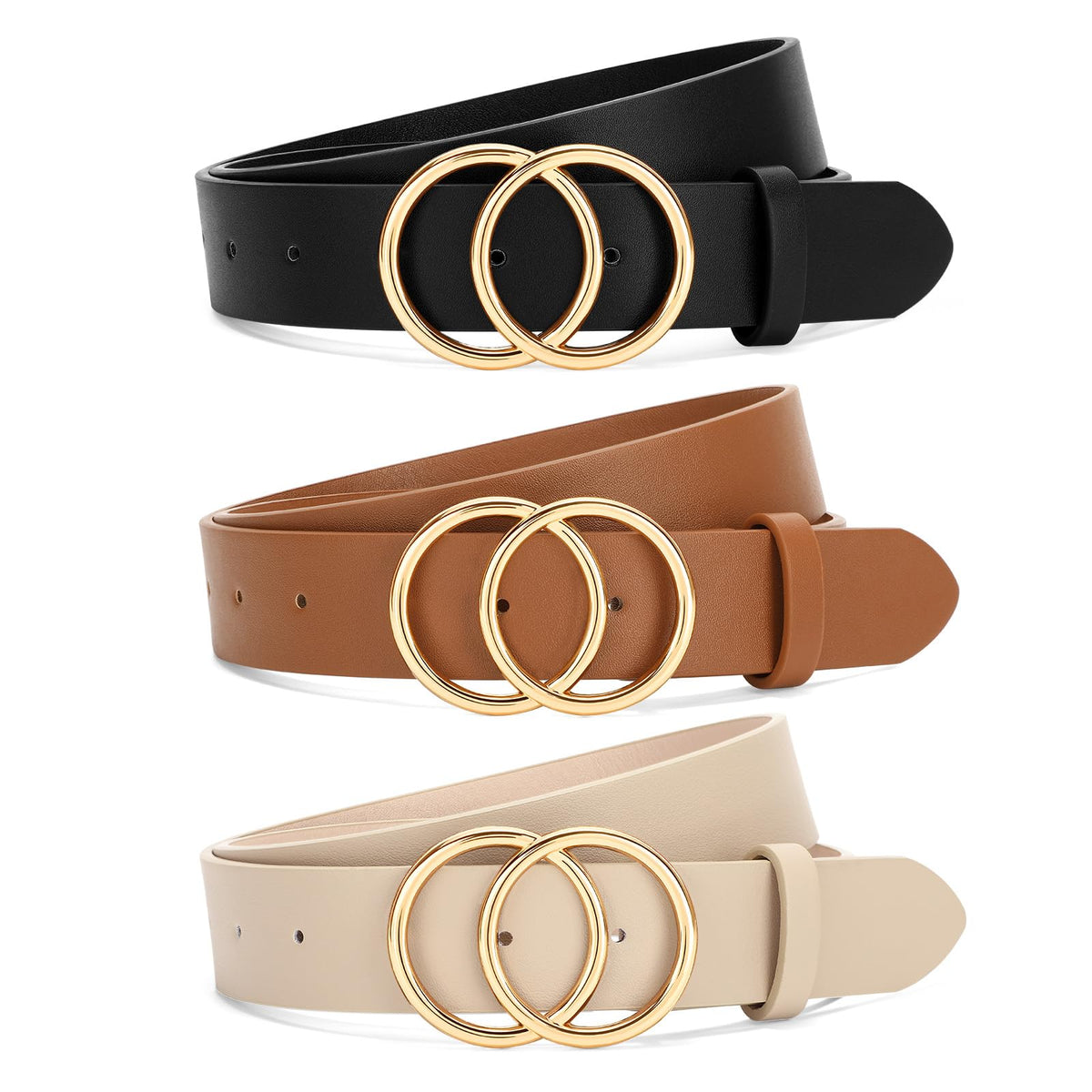 SANSTHS 3 Pack Women Waist Belts for Jeans Pants Dresses, Ladies Belt with Double O-Ring Gold Buckle, Black+Brown+Beige M