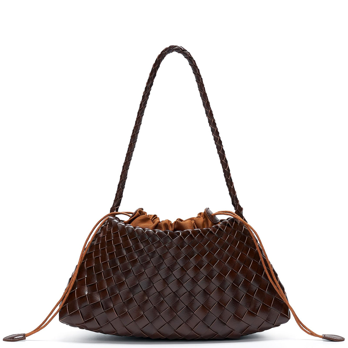 YDF Small Woven Purse for Women, Vegan Leather Shoulder Bag, Slouchy Tote Bag with Inner Drawstring Pouch, Underarm Handbag- Dark Brown