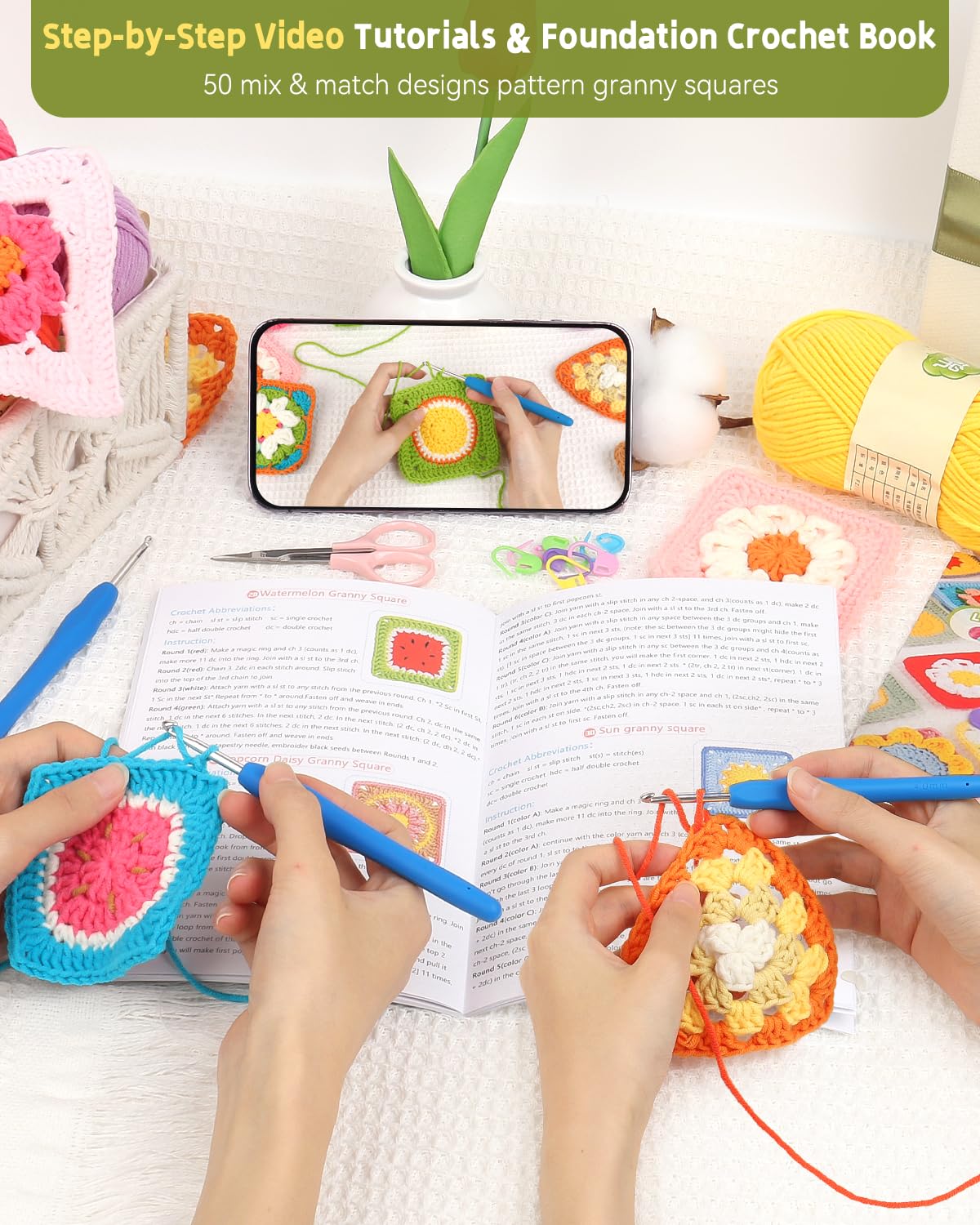 Katech Crochet Kit for Beginners-Crochet Kit for Adults Kids w/Step-by-Step Video Tutorials, Learn to Crochet 50 Pattern Granny Square Kit Crochets Starter Kits w/Upgraded Yarn-Zero Based Friendly