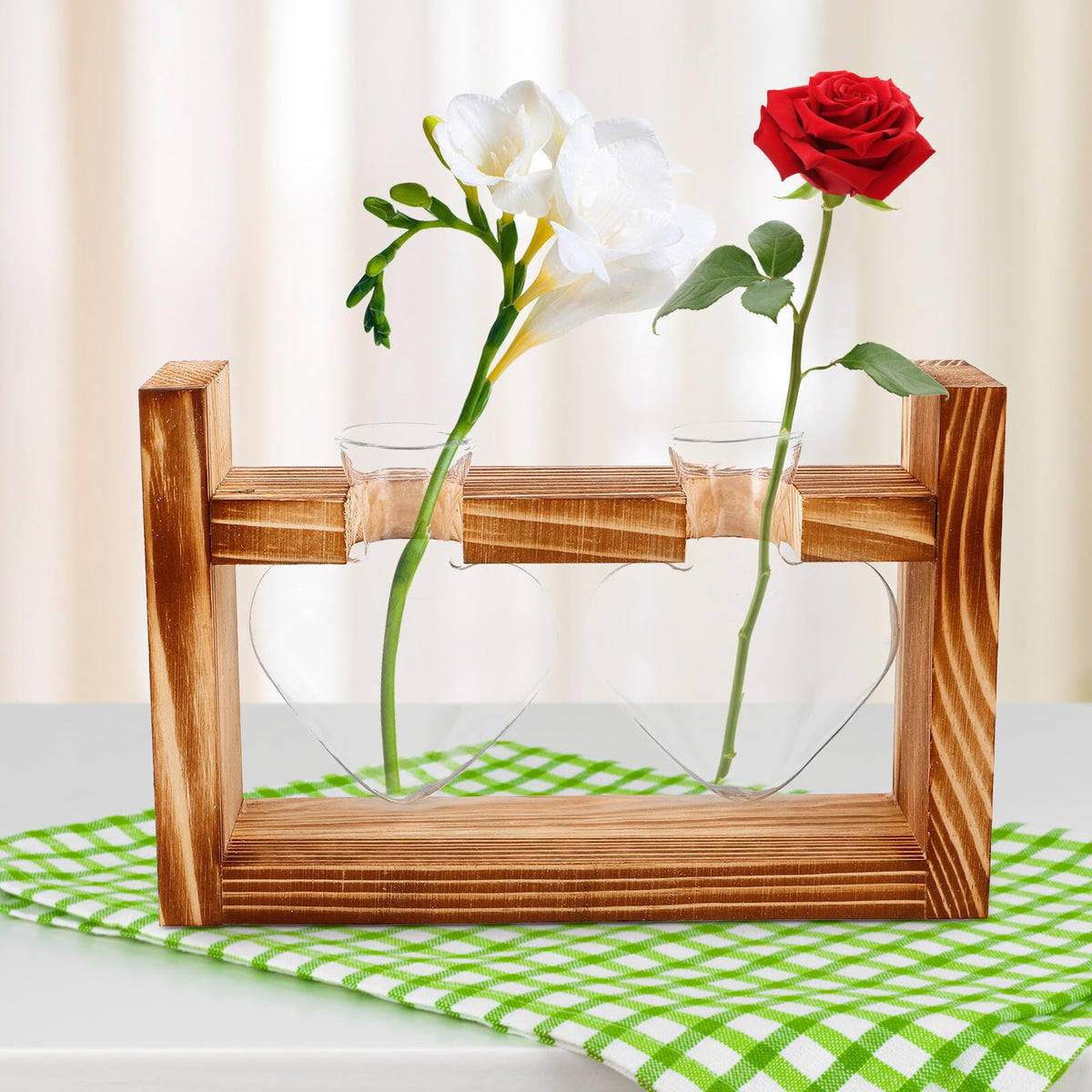 SUPVOX Wooden Stand Glass Heart-Shaped Vase for Indoor Plants, Hydroponic Terrarium Planter, Tabletop Decor Set with 2 Glass Vessels, Suitable for Home and Office