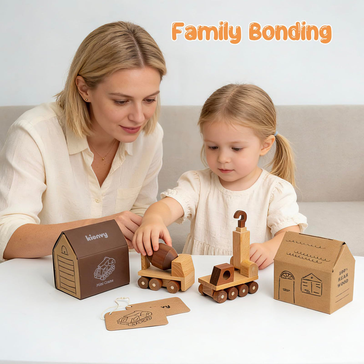 kienvy Wooden Toy Cars for 3 Year Old Boys & Girls - Construction Vehicles Set Push Toys for Toddlers, Wood Montessori Car with Rolling Wheels, Natural Wood Toys (Crane & Concrete Mixer Truck)