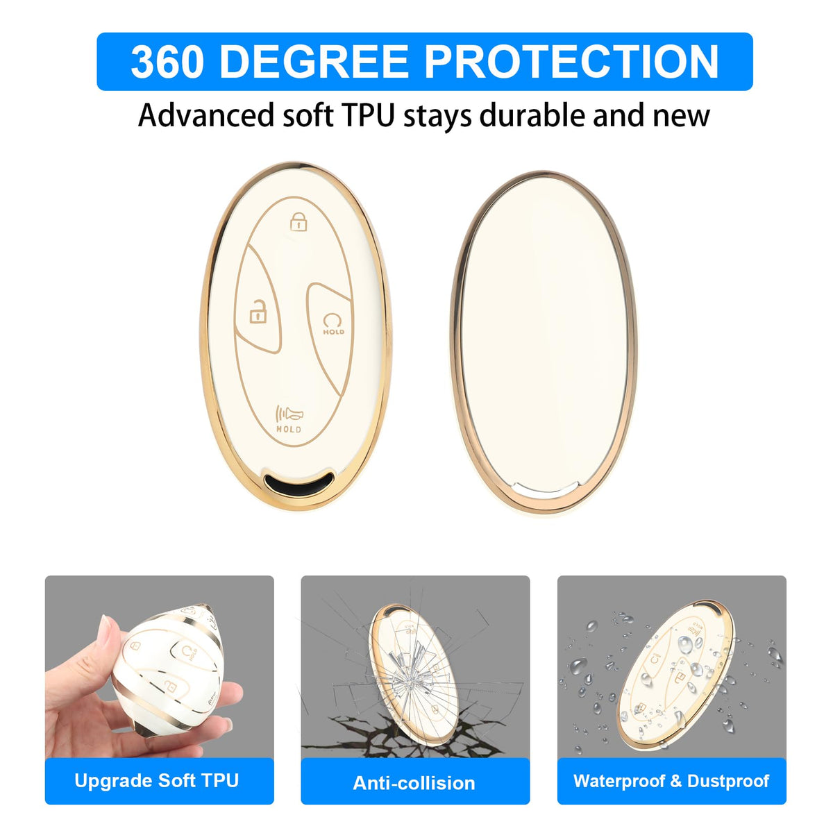 QBUC for Car Key Fob Cover,TPU 360 Degree Car Key Case Protector with Leather Keychain,7 Buttons smart key(White)