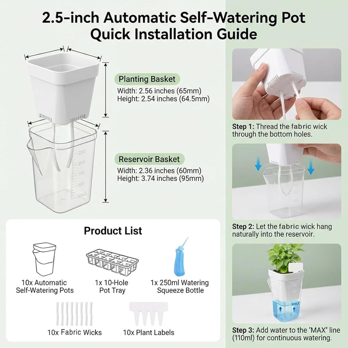 DIGARDPRO 10 Pack 2.5" Self Watering Pots for Indoor Plants with Anti-Tip Tray & Reservoir Refill Bottle, Seed Starter Kit for Seedlings, Cuttings, Succulents, Herbs