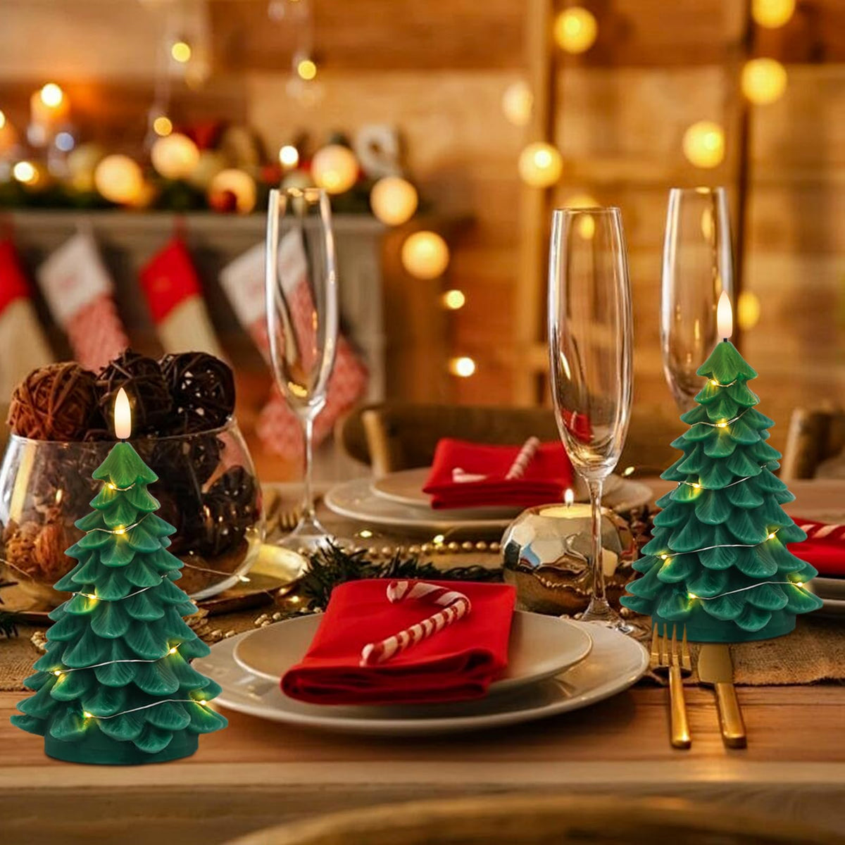 Wondise Christmas Tree Flameless Candles with String Lights 11-Key Remote and Timer, Real Wax Battery Operated 3D Wick LED Flickering Candles for Christmas Holiday Indoor Dinner Decor(3" x 7.1")