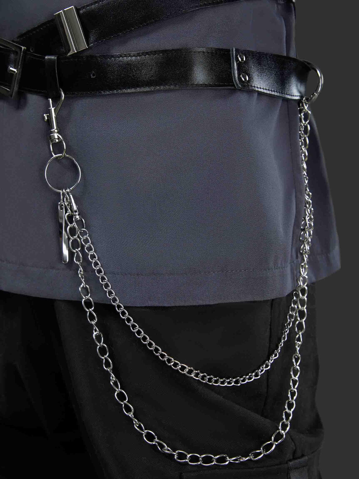 miccostumes Unisex Cosplay Accessory Black Leather Body Harness Belt Set with Waist Chain Gloves Necktie (black, S/M)