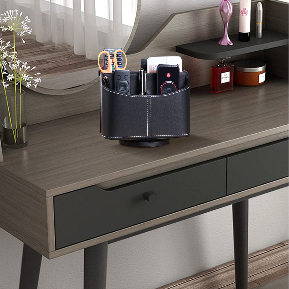 YAPISHI Leather Remote Control Holder, 360 Degree Spinning Desk TV Remote Caddy/Box,Bedside Table Organizer for Controller, Media, Mail, Calculator, Mobile Phone and Pen Storage