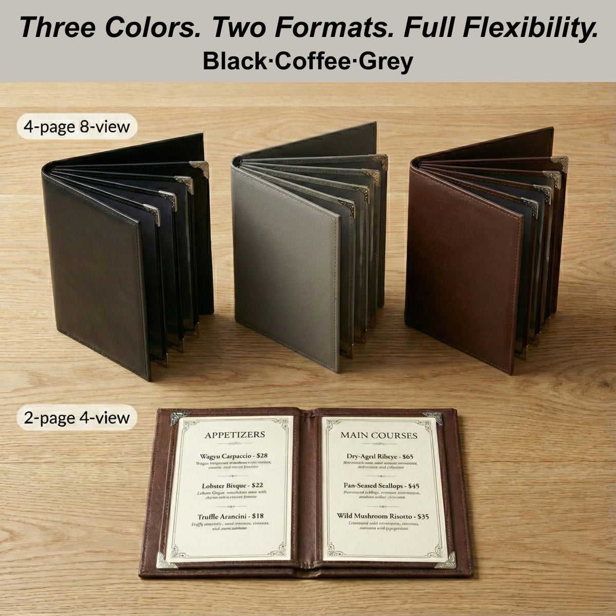 Restaurant Menu Covers 8.5 x 11, 2 Pack Menu Holder – Faux Leather Menu Book with Clear PVC Sleeves, 4 Page 8 View, Waterproof & Durable Menu Book for Restaurant, Bar, Café, Hotel