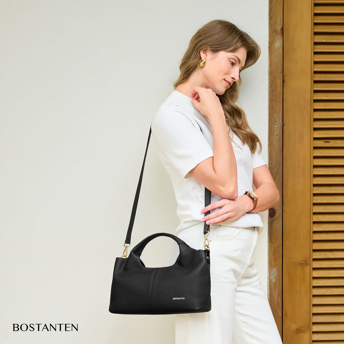 BOSTANTEN Genuine Leather Purses for Women Designer Handbags Crossbody Shoulder Bags Top Handle Satchel Black