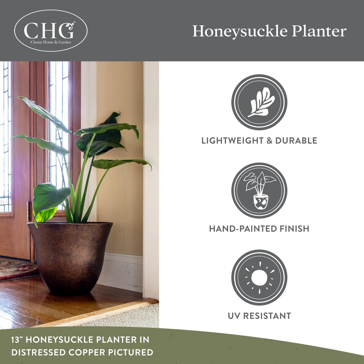 Classic Home and Garden by Growscape Honeysuckle Resin Planters - Lightweight Indoor & Outdoor Plant Pots - UV-Resistant Plastic Flower Pots - Pot Planters for Flowers & Herbs (13" Distressed Copper)
