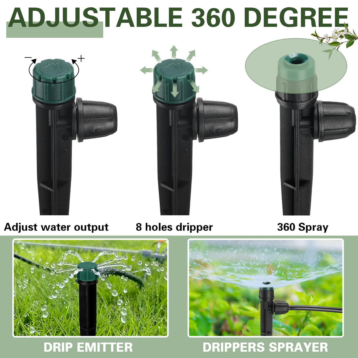 Glooglitter 100 Pcs Drip Irrigation Emitters for 1/4" Tubing 50 Micro Irrigation Emitters Sprayer 50 Adjustable 360 Degree Water Flow Drippers for Garden Irrigation System(Green, Latch)