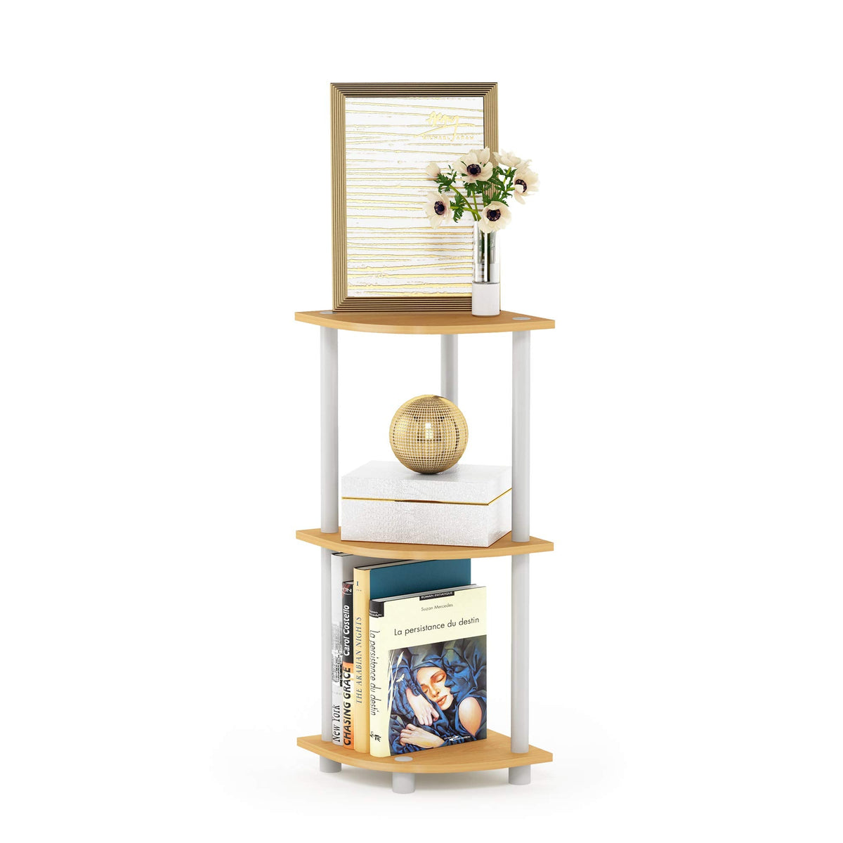 Furinno TURN-N-TUBE Corner Shelf, 3-Tier Corner Bookshelf, Display Storage Shelves with Open Shelves, for Organization and Storage, Living Room, Home Office, Garage, Beech