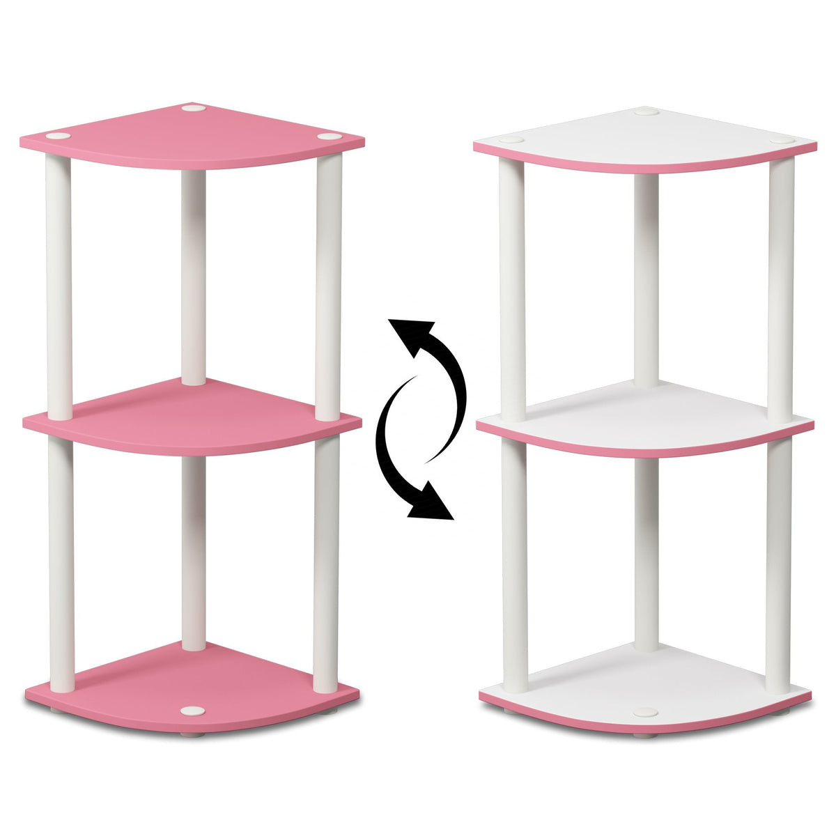 Furinno TURN-N-TUBE Corner Shelf, 3-Tier Corner Bookshelf, Display Storage Shelves with Open Shelves, for Organization and Storage, Living Room, Home Office, Garage, Pink