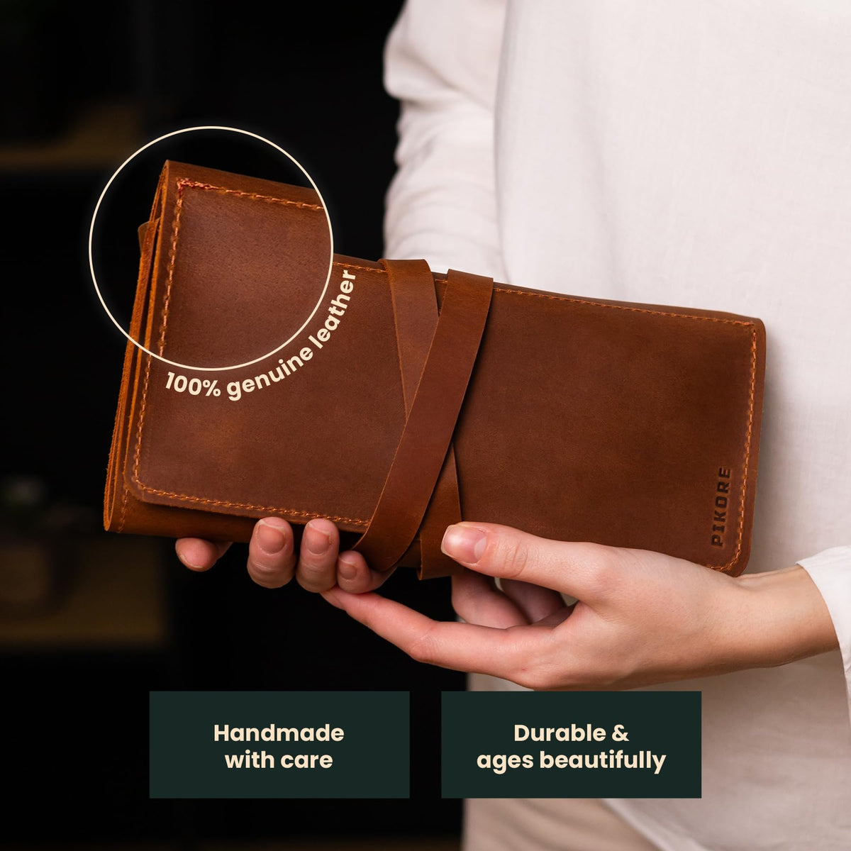 OMBUO Handmade Artist Pencil Case for Adults Women, Leather Pencil Roll, Artist Gifts, Pencil Wrap Roll Up Case, Leather Paint Brush Case, Warm Brown