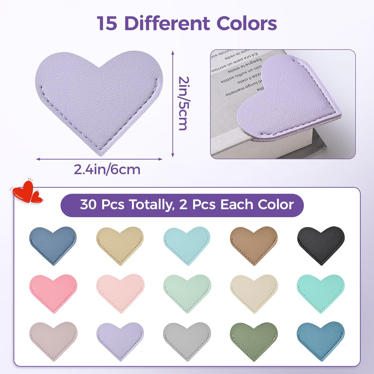 Yuwiiuuo 30 Pcs Leather Heart Bookmarks for Women, Cute Book Marks for Reading, Ideal Gift for Home, Office, School Reading Supplies(15 Colors)