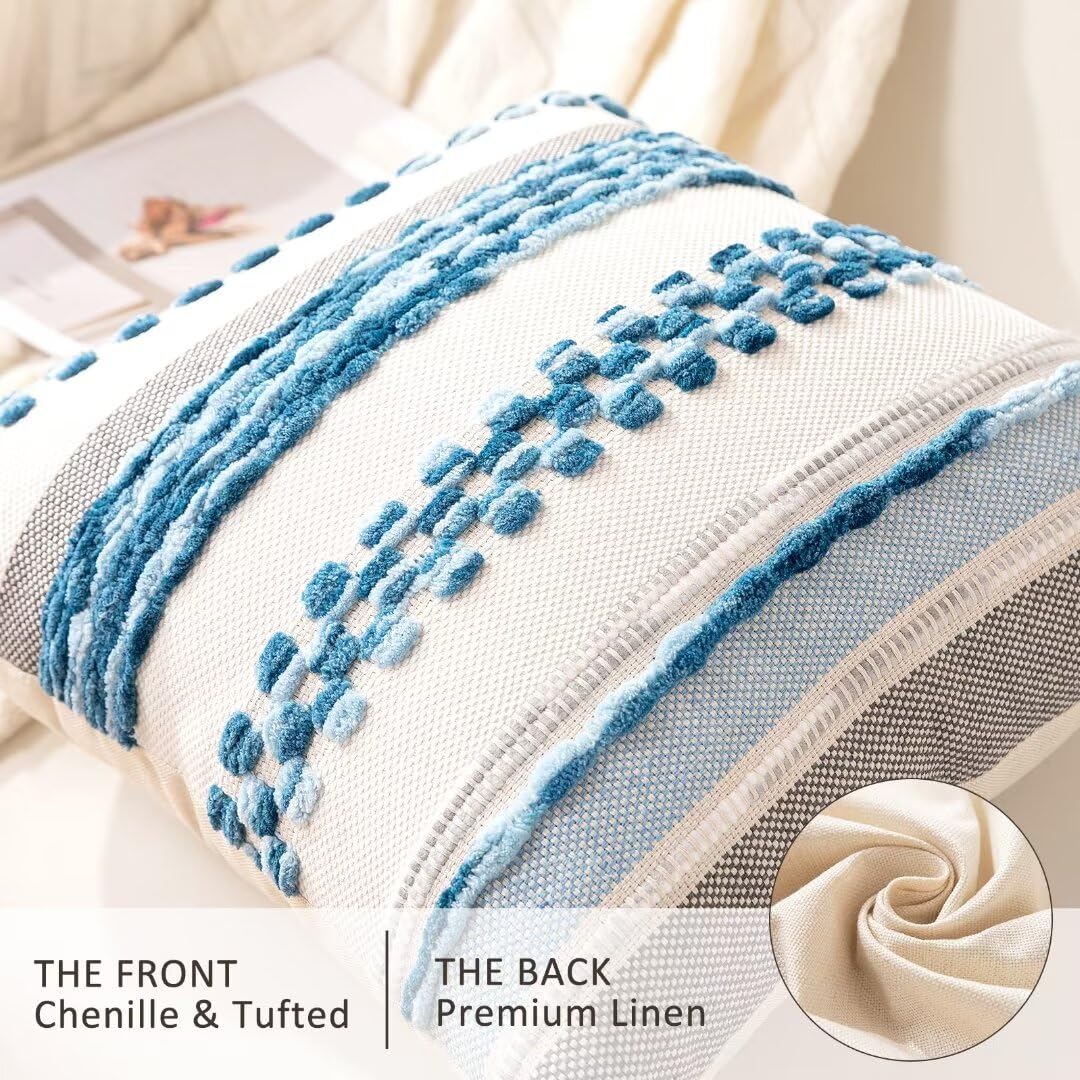 WANLIRD Boho Throw Pillow Covers 18x18 Set of 2 Farmhouse Decorative Cushion Case Striped Square Pillows Cover Chenille Pillow Cases Accent Neutral Pillowcase for Sofa Couch Bed,Sky Blue