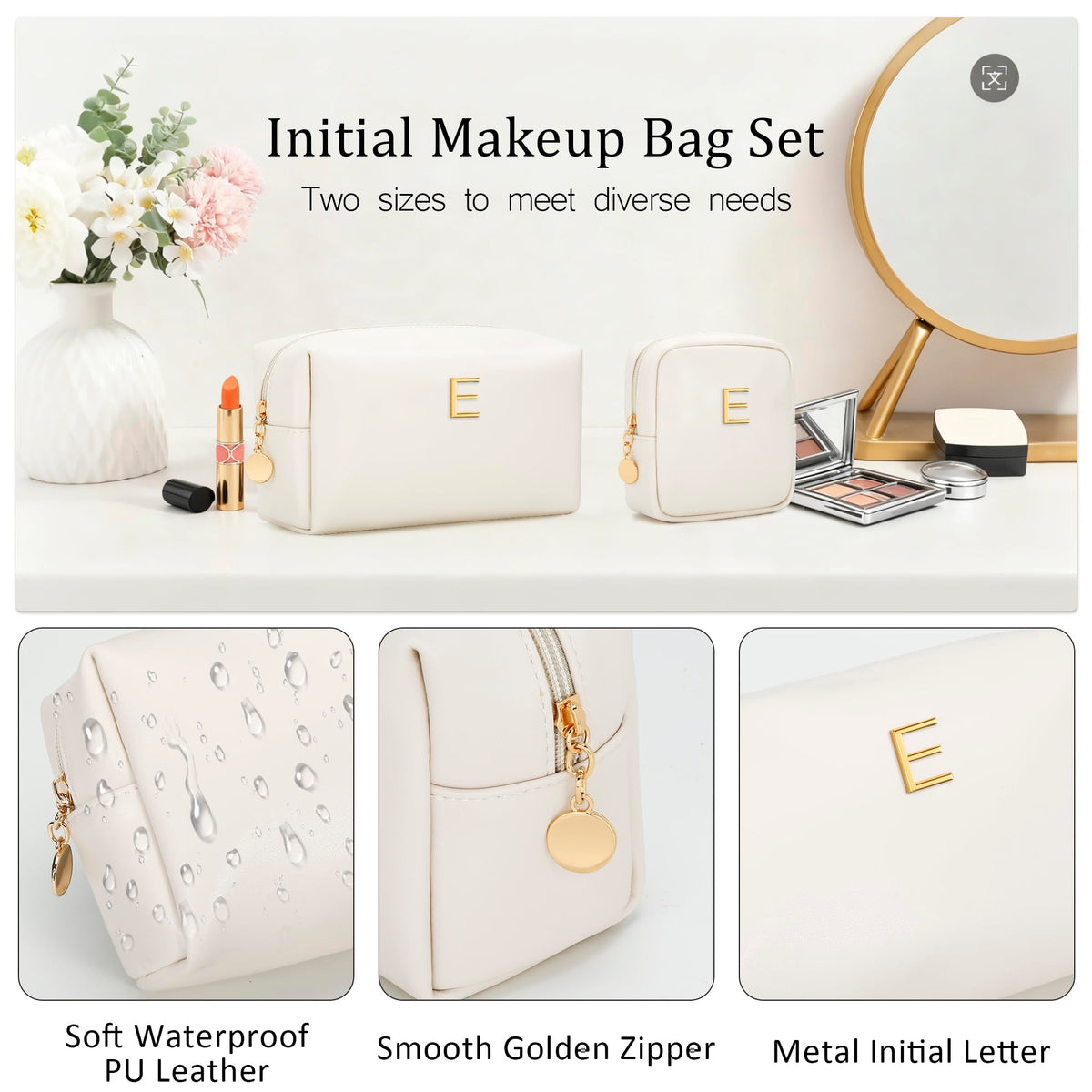 CLOUDWINGS Personalized Birthday Gifts for Women - Initial Makeup Bag Set Travel Toiletry Bag Cosmetic Bags Soft Waterproof PU Leather Makeup Pouch Travel Essentials (E, 2pcs Beige)