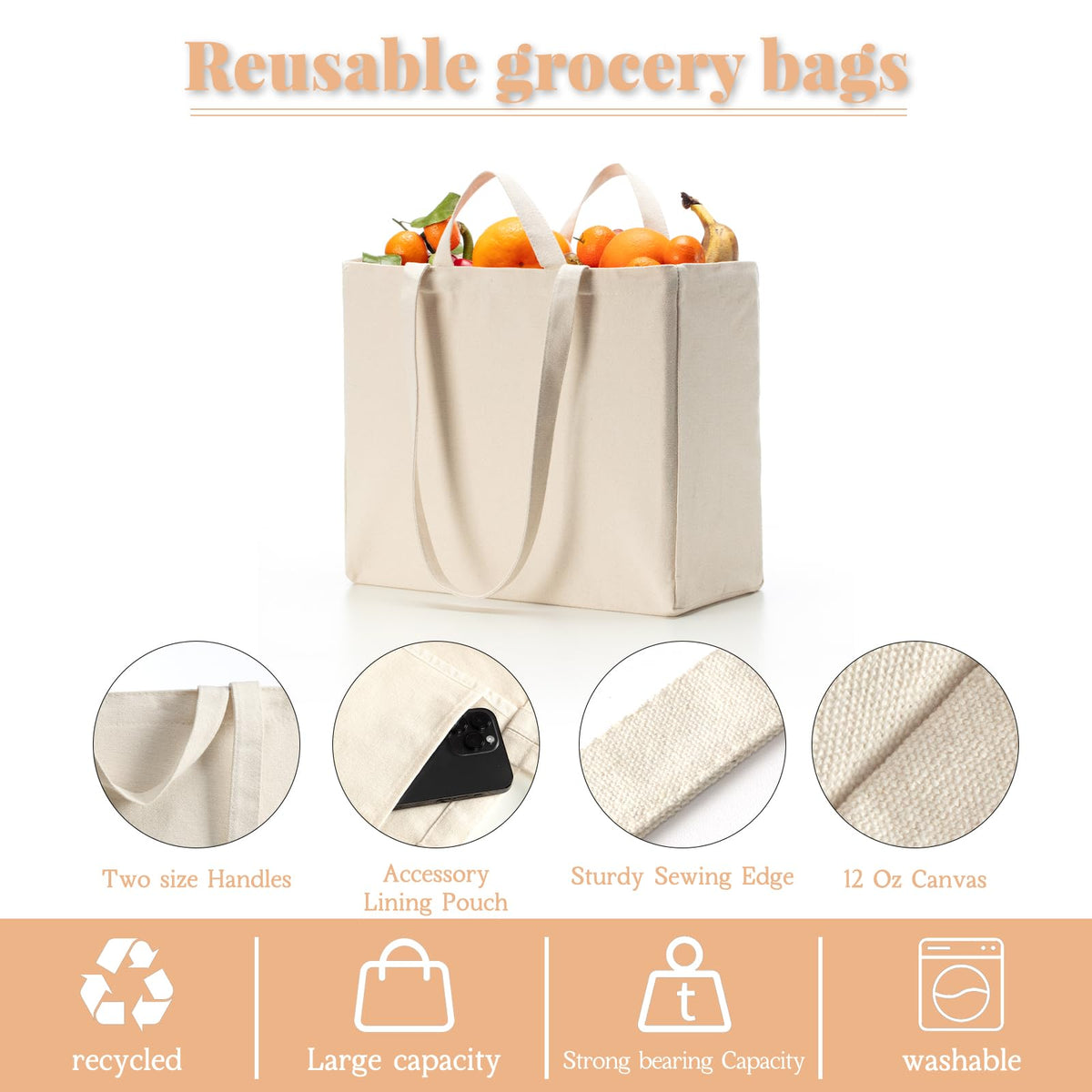 LINICE Canvas Tote Bag Reusable Grocery Bags with Long Shoulder Strap and Short Handle Foldable Heavy Duty Washable (3 Pack)