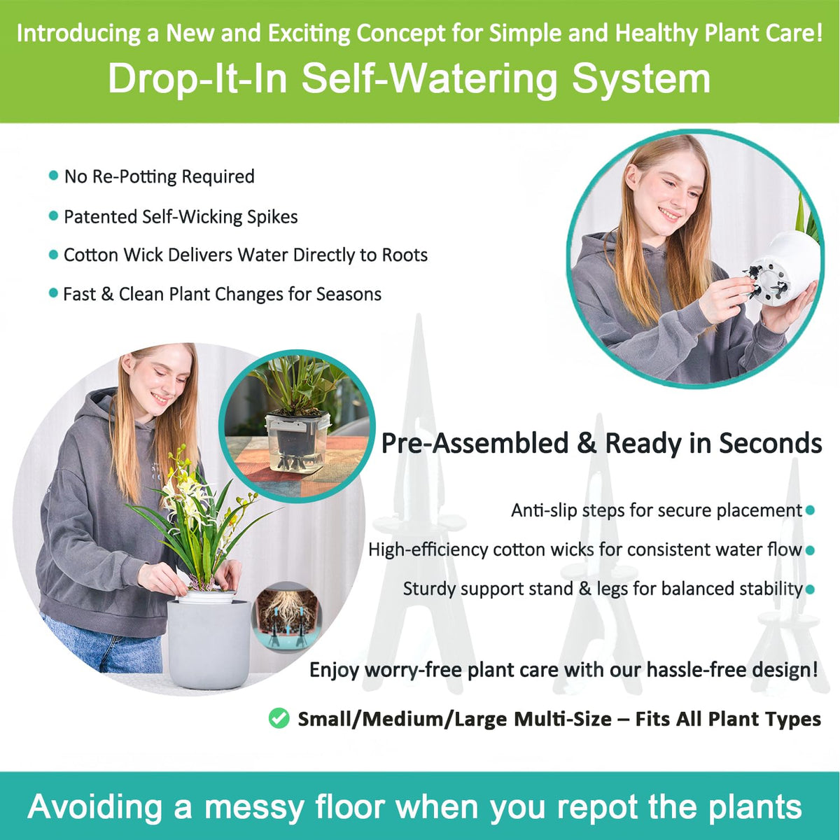 GreenShip 4 Pack Self Watering Planter Insert Watering Spikes, Watering Stakes with Wicking Rope, Plant Spikes for Indoor Outdoor Plants, Vacation Plant Watering Device for Planter Height 4.7" to 12"