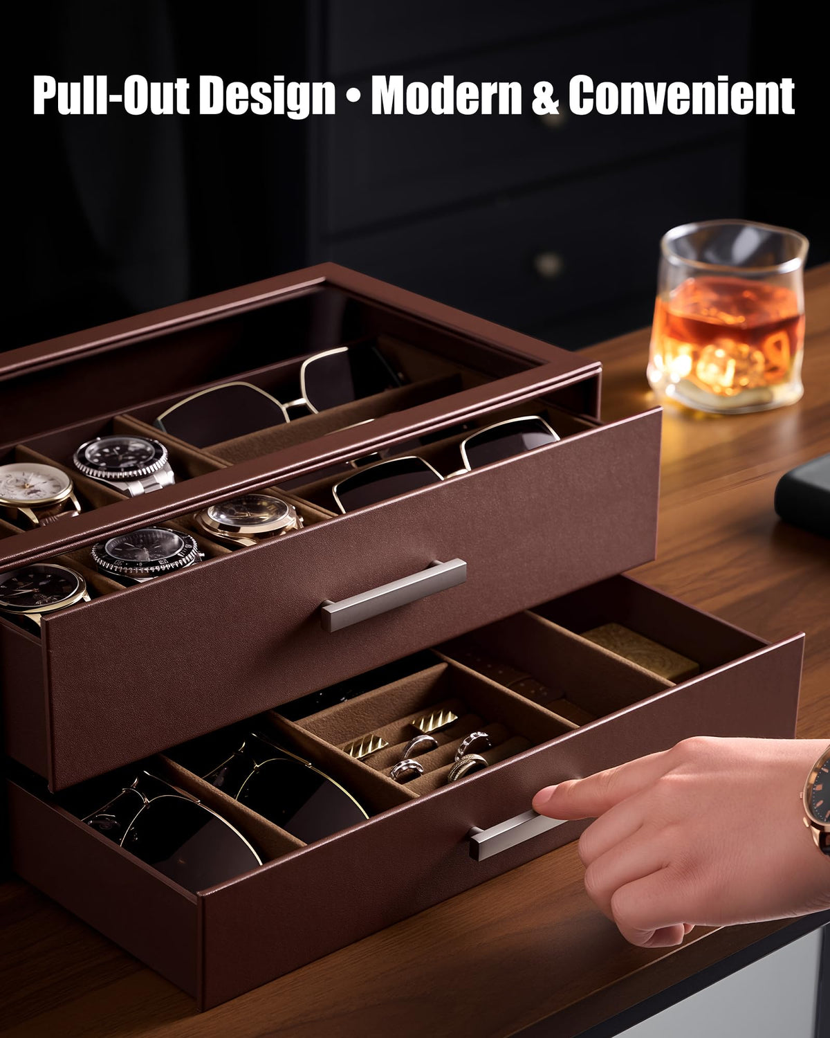 ProCase Mens Jewelry Box Pull-Out Drawer, 6 Slot Watch Case & 5 Slot Sunglasses Organizer, Fathers Day Gift for Dad, 2-Tier Leather Watch Box with Glass Display Top, Gift for Men & Women-Espresso